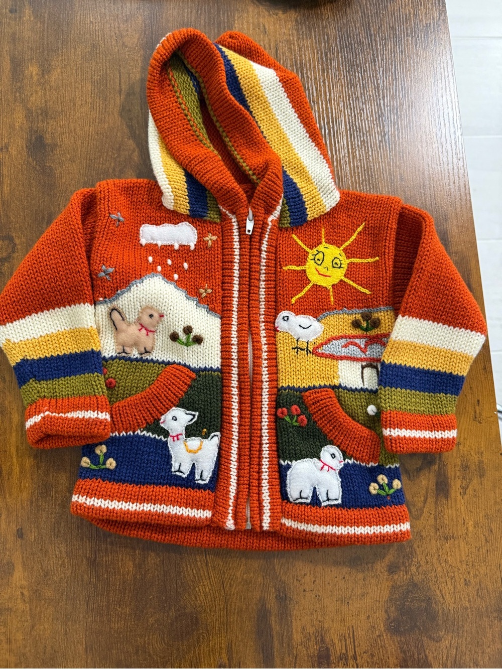 Hand Crafted Orange Knit Hooded Zip Sweater with Colorful Farm Appliqués